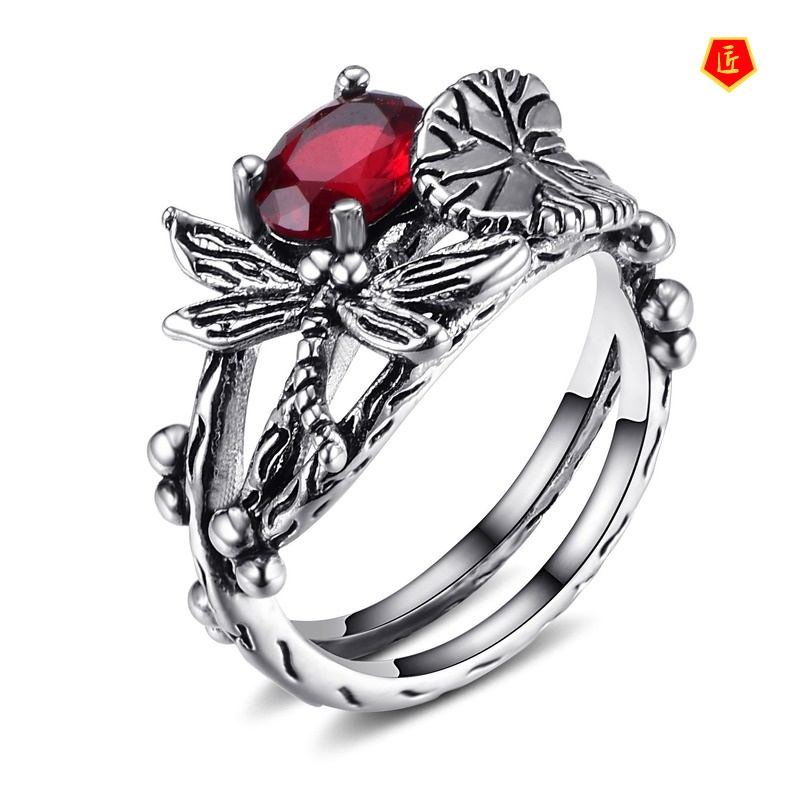 [Ready Stock]Creative Dragonfly Lotus Ring Women's Retro Silver Inlaid Topaz