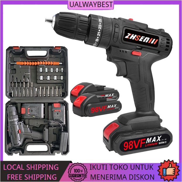 Bor Listrik/Bor Baterai Tangan Cordless /Bor Tanpa Kabel /Mesin bor tanpa kabel baterai cordless /Beton Besi Kayu Full 98Vf Set