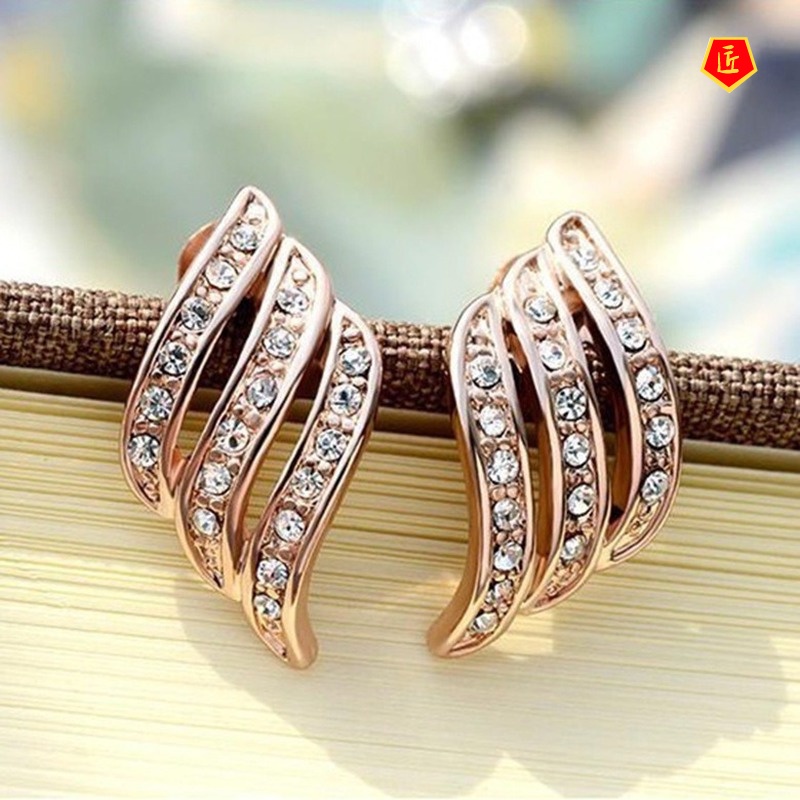 [Ready Stock]Rose Gold Three-Row Diamond Stud Earrings Creative