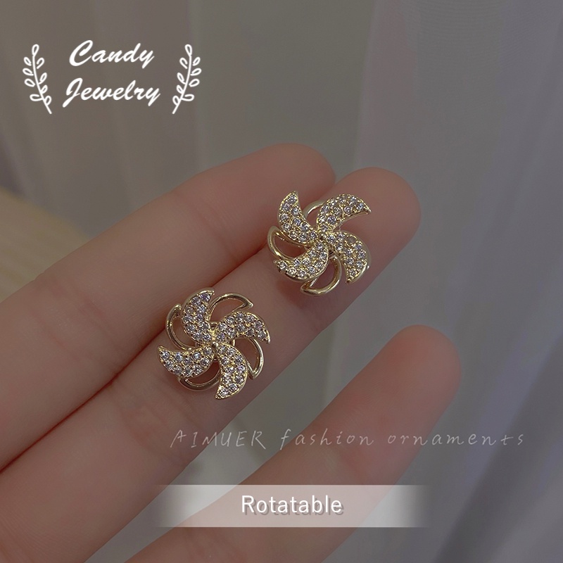 Candy Jewelry Fashion Simple Rotatable Earrings Rhinestone Rotating Windmill Ear Stud Silver Gold Color Earring for Women