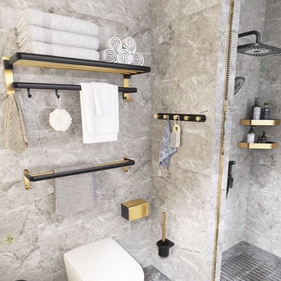 CEO Set Rak Gantung Kamar Mandi Warna Hitam - Gold 1 Set Isi 6 Sikat Wc Dan Tempat Tisu Kamar Mandi