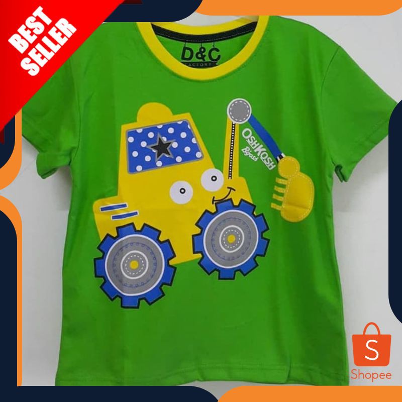 TERMURAH KAOS ANAK  EXCAVATOR HIJAU STAR LEHER LIST KUNING ORIGINAL