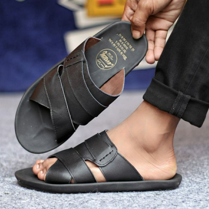 EXO Sandal Slide Pria Kulit Asli Anti Slip Sendal Slip On Casual Slop Main Santai Kerja Trendi Nyaman Keren