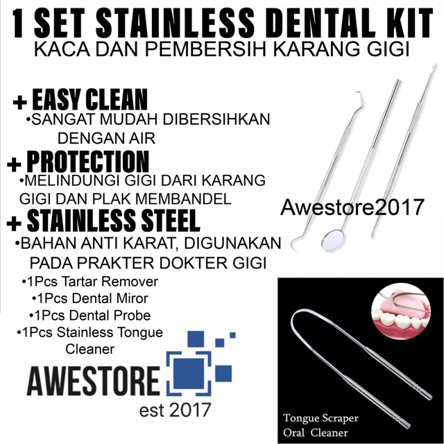 1 Set Alat Pembersih Karang Gigi Stainless Tongue Cleaner Scraper Kaca