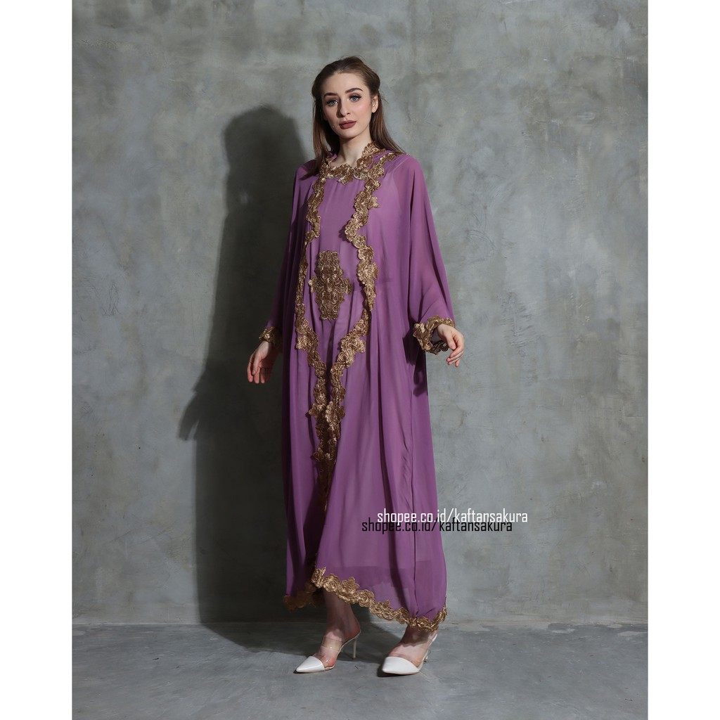 KAFTAN KAPUCONG HOODIE WARNA UNGU MUDA BORDIR MELINGKAR BAHAN SIFFON LEBARAN 2021 GRABSOMEDAY