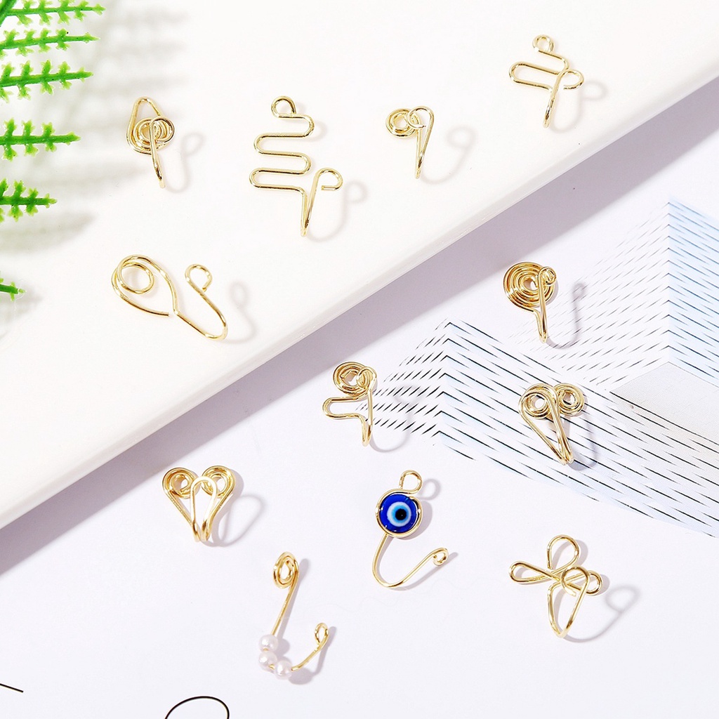 Hu Hu Hu Hu Hu Alat Bantu Pasang Kacamata♡ 9 / 12 Pcs Cincin Klip Hidung Palsu Bahan Alloy Aksen Mutiara Imitasi Gaya Retro Untuk Wanita