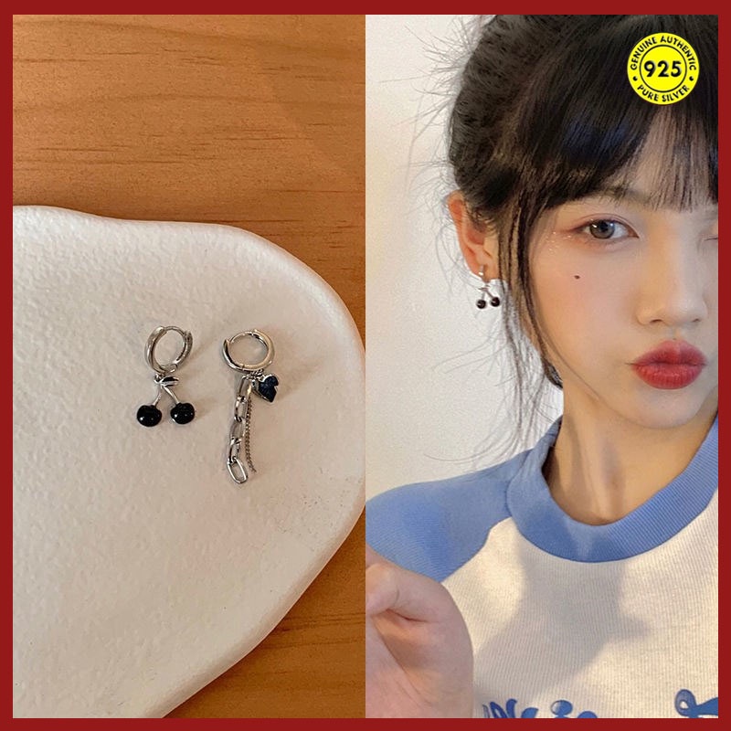 Anting Tusuk Gantung Asimetris Bahan Sterling Silver 925 Desain Buah Ceri Gaya Korea Untuk Wanita