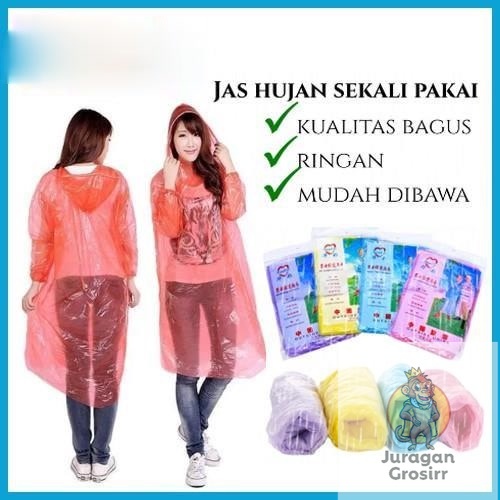 JAS HUJAN PLASTIK Sekali Pakai Poncho Rain Coat Plastic Disposable Emergency baju Lengan Darurat