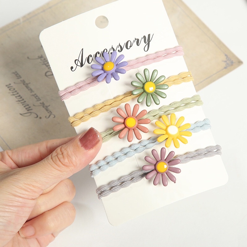 5pcs / set Ikat Rambut Elastis Desain Daisy chrysanthemum Gaya Korea Untuk Wanita