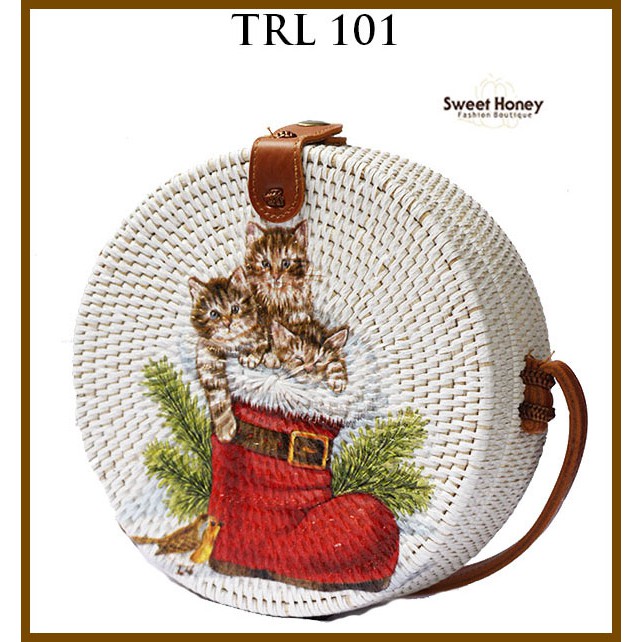 Sweet Honey ~ Grosir Tas Rotan Bulat Murah Lukis Motif Kucing Decoupage Cat TRL101 [Bisa COD Bayar di tempat]