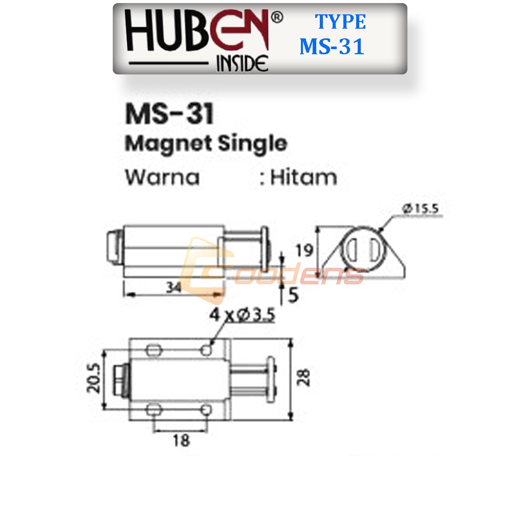 Huben MS-31 Magnet Single, magnet tekan lemari kaca