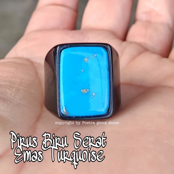 CINCIN BATU AKIK NATURAL PIRUS BIRU SERAT EMAS TURQUOISE OCTAGON TITANIUM