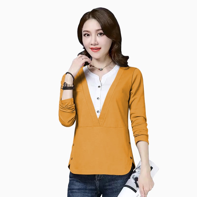 Blus lengan Panjang wanita Gaya Korea Variasi rompi tempel - XSHOP Fonda