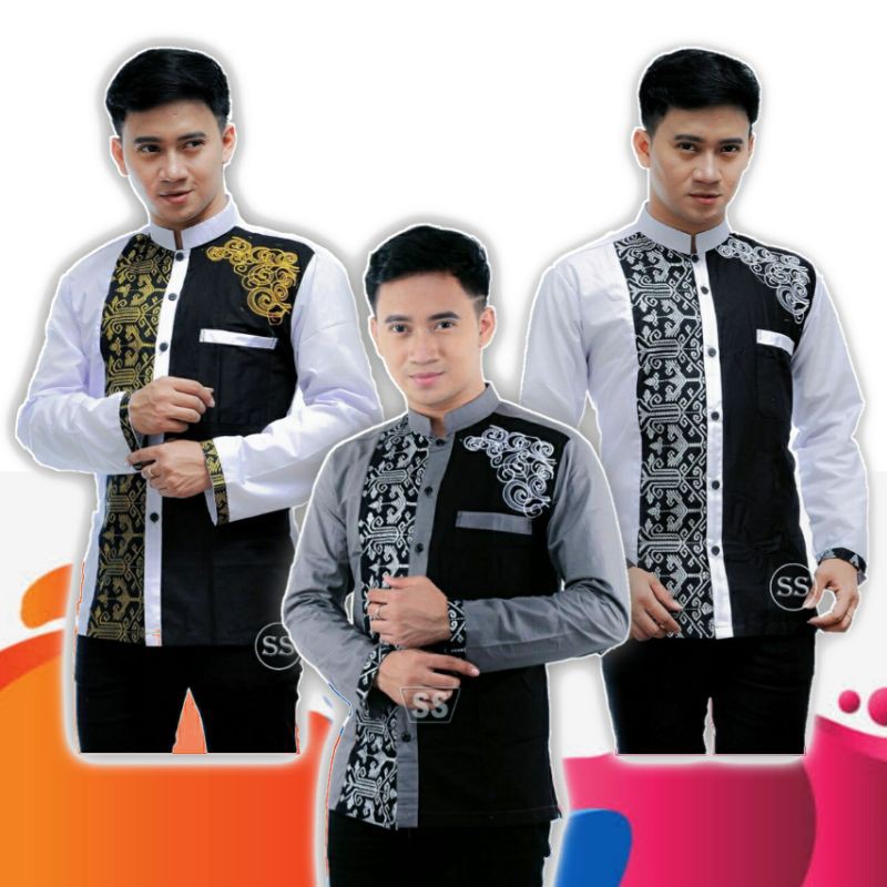 (COD) - Baju Koko Putih Atau Baju Koko Pria Kombinasi Lengan Panjang