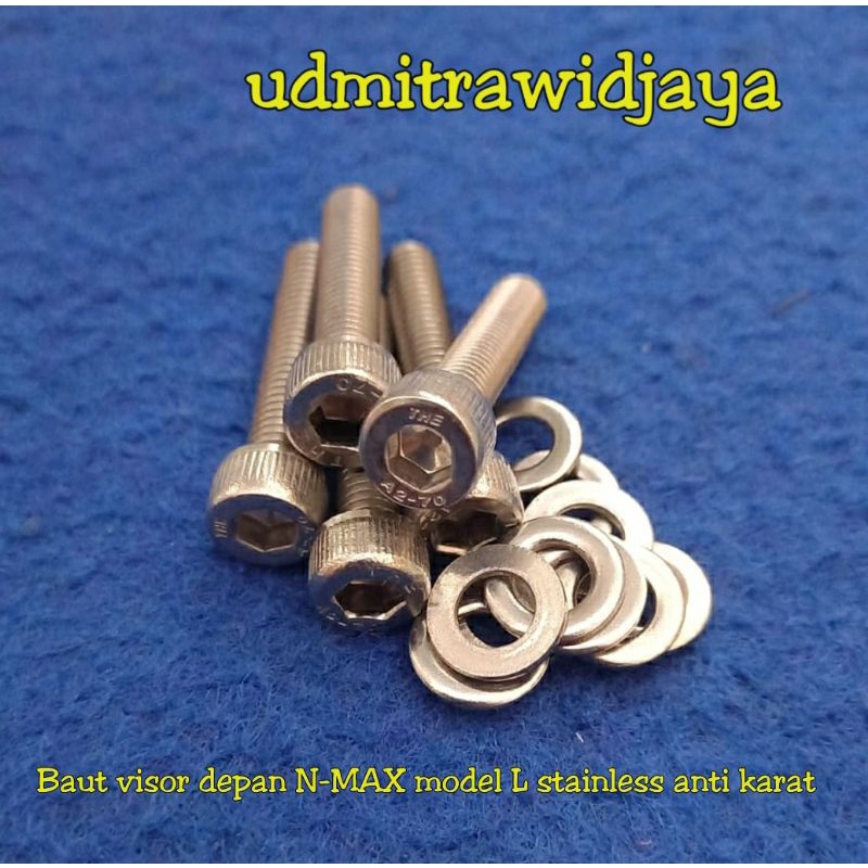Baut Visor Whinshield NMAX , LEXI model L cup Stainless stell anti karat baut kunci 8an L4mm baut variasi L stenlis merk THE A2-70 harga 1set baut+ring plat stainless
