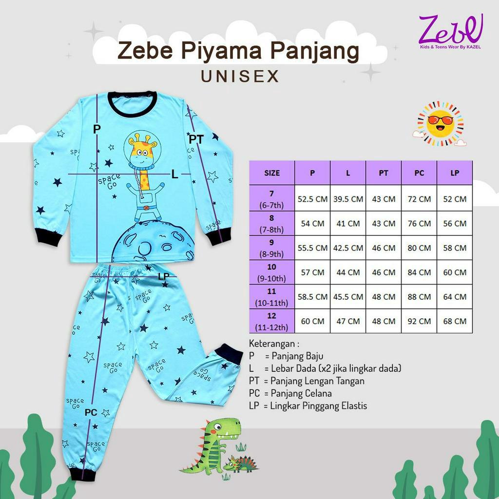 Kazel x Zebe Piyama Panjang Anak Unisex - Piyama Panjang Unisex 7-12 Tahun