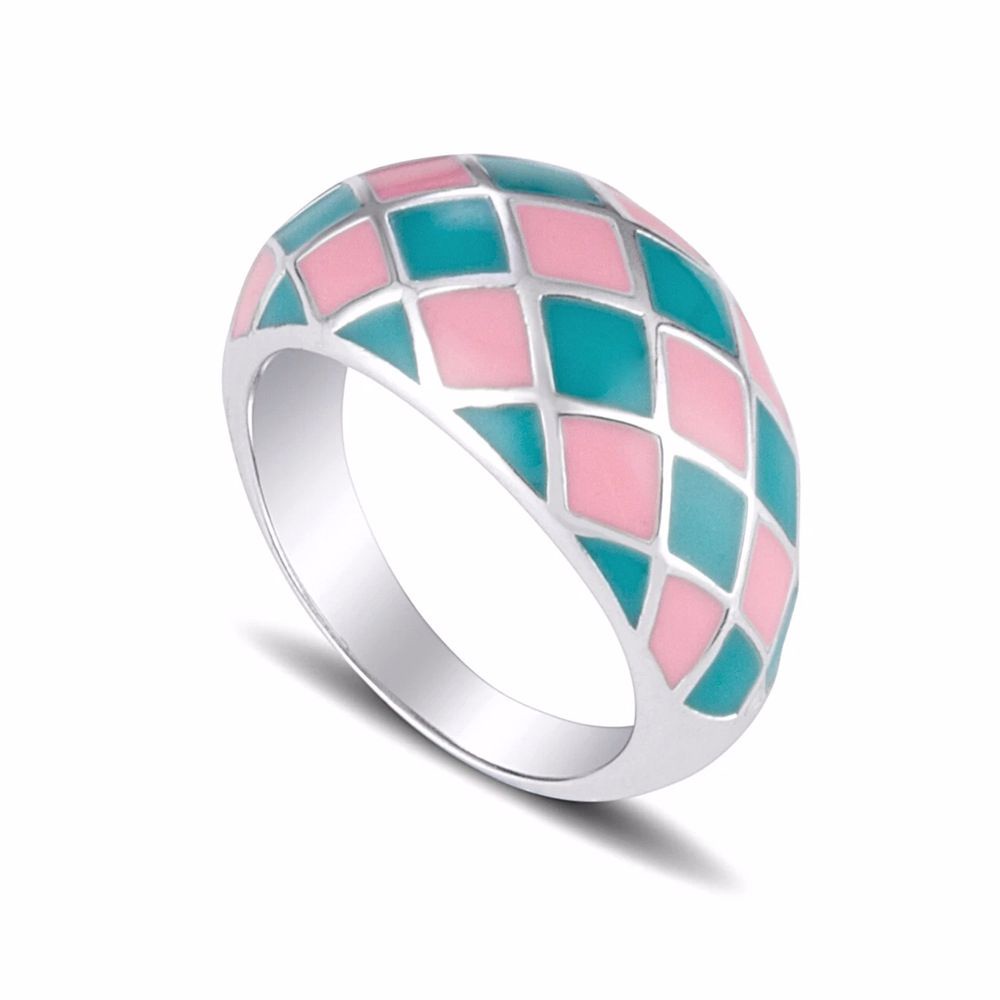 Needway  Colorful Enamel Rings Vintage Fashion Jewelry Bread Rings Women Aolly Creative Plaid Geometric Classic Diamond shape/Multicolor