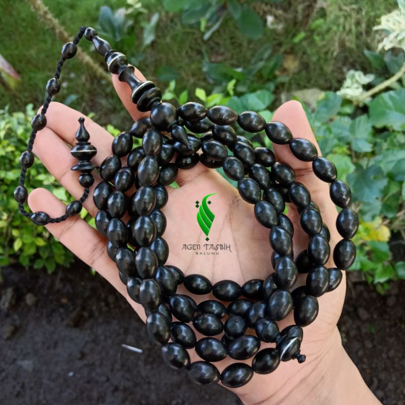 Tasbih Kayu Galih Kelor Hitam Super Motif Oval, Tasbih Muslim Antik 99 Butir