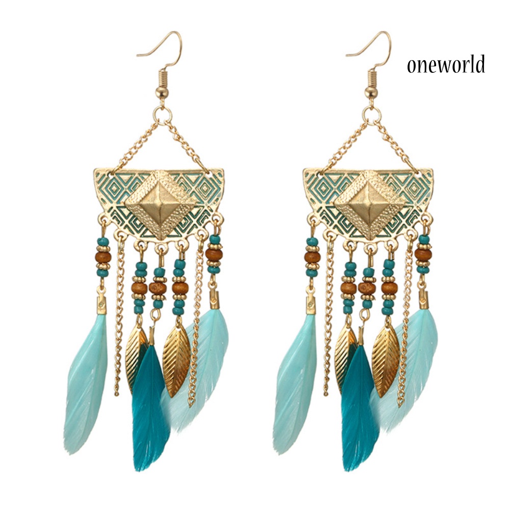 OW@ Bohemian Women Fan Shaped Beaded Tassel Feather Statement Hook Earrings Jewelry