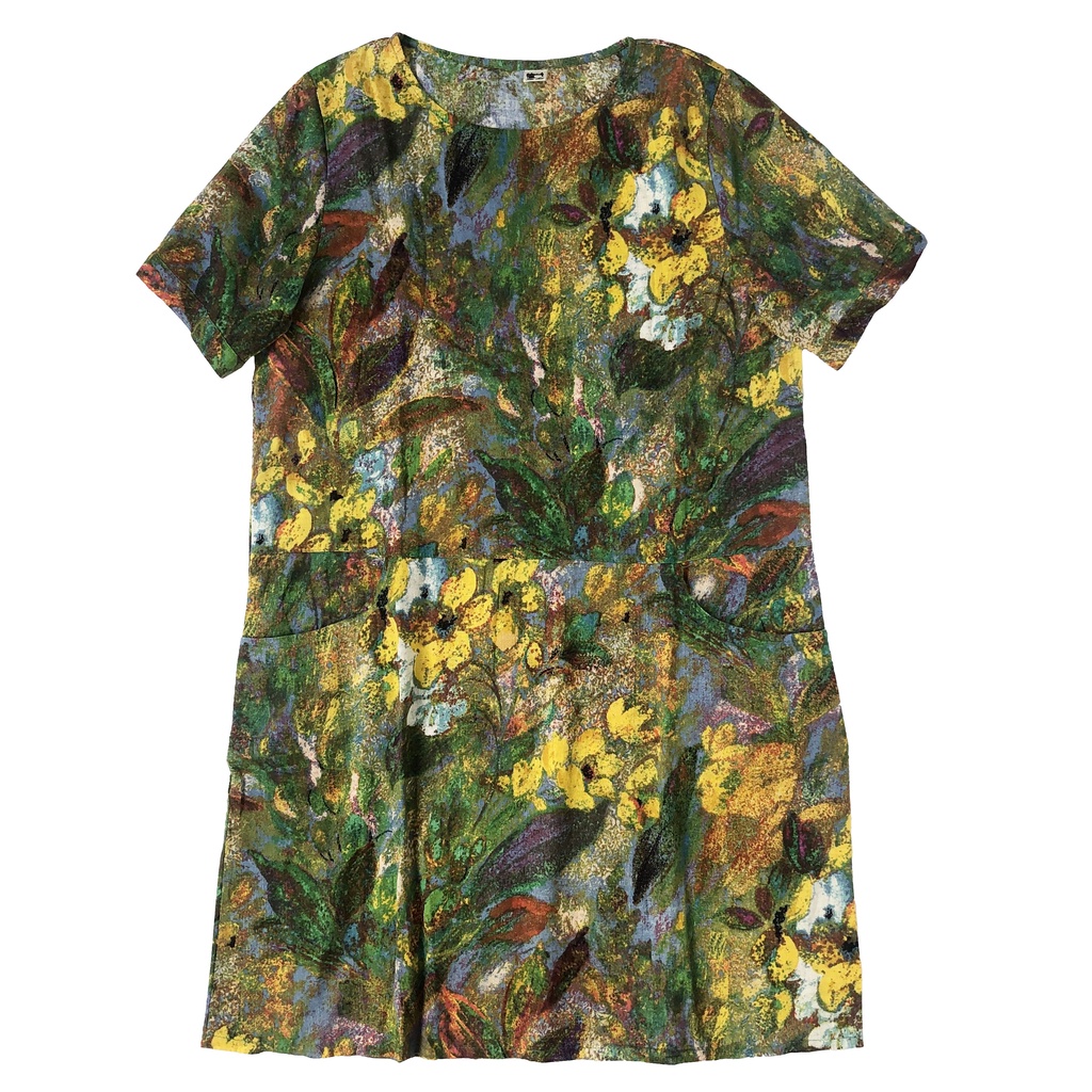 DRESS LINEN MIDI HIJAU BUNGA ABSTRAK TROPICAL KOREA IMPORT