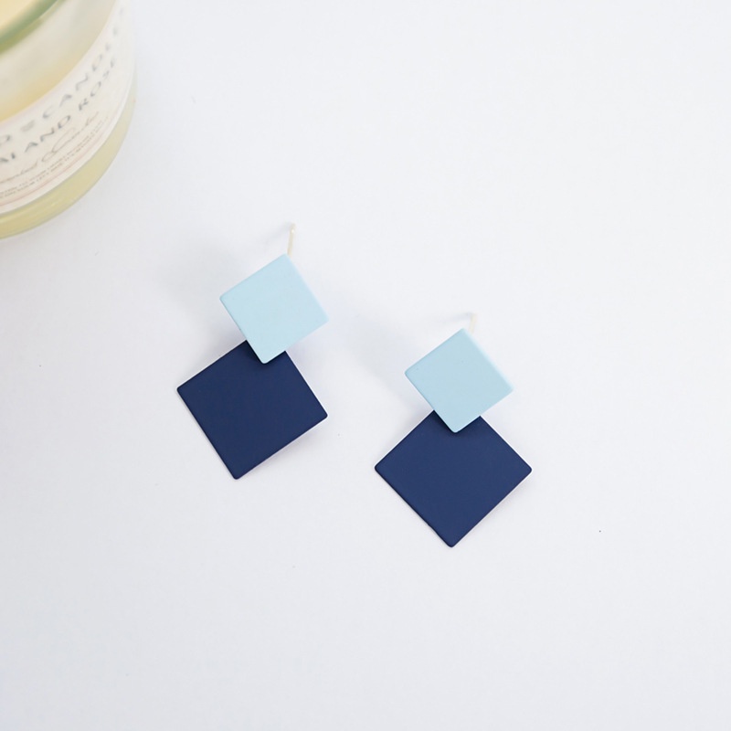 Anting stud Bentuk Bulat Persegi Warna Biru Bahan metal Gaya Korea