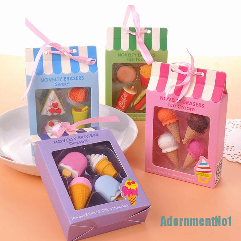 (AdornmentNo1) 4pcs Penghapus Karet Bentuk Es Krim / Hamburger / Lolipop Kawaii Dapat Dilepas