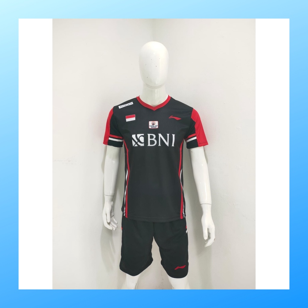 Kaos bulutangkis pria baju badminton dan celana jersey setelan wanita dewasa t-shirt outfit seragam jarsey kostum olahraga pakaian apparel sport jersy bulu tangkis casual jersi sudirman thomas uber cup print suit L159 hitam sponsor