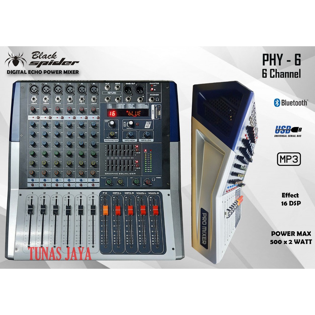 Power Mixer Blackspider PHY 6 Karaoke Bluetooth Original