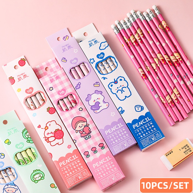 10 Pcs Cartoon Children Pencil Set HB Student Drawing Pencil with Eraser