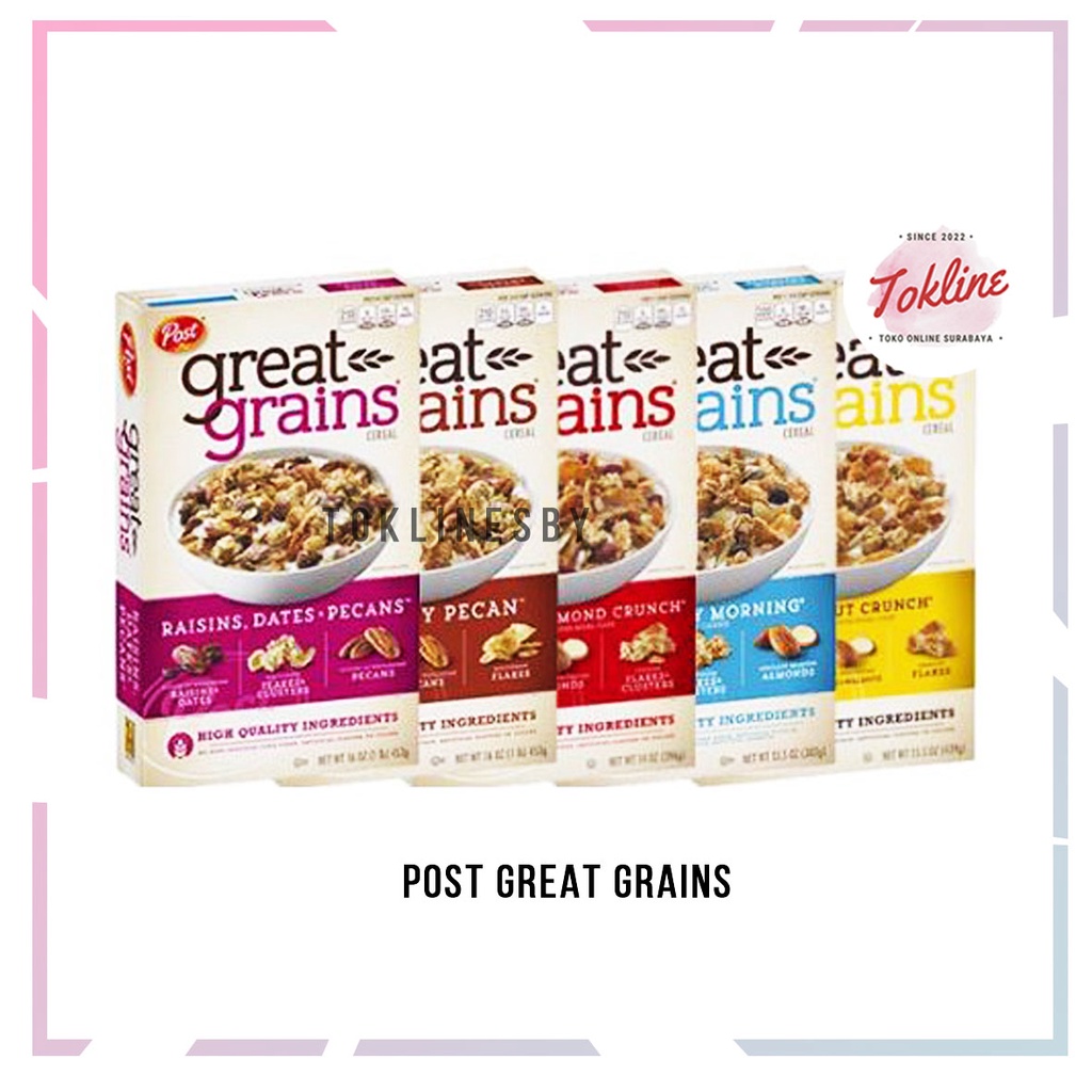 

POST CEREAL GREAT GRAINS RAISINS PECAN CRANBERRY ALMOND CRUNCH BLUEBERRY NUT BANANA SEREAL