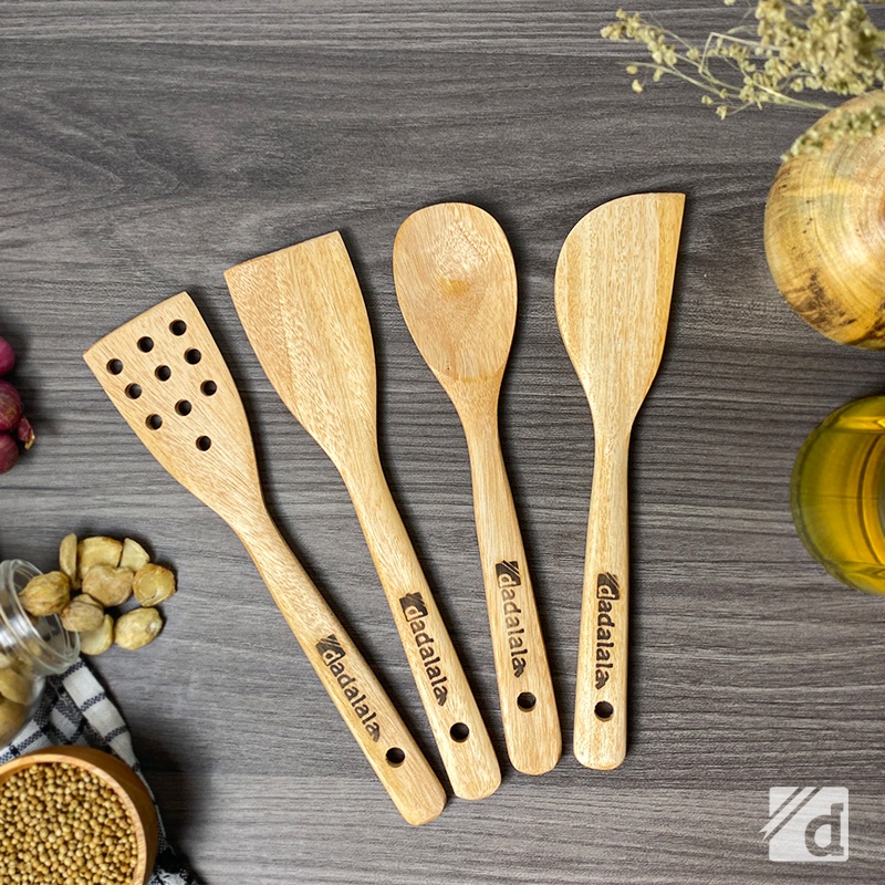 DADALALA Sodet Kayu Mini (1 Set 4 Pcs) Spatula Anti Lengket Bahan Kayu Mahoni Tahan Panas