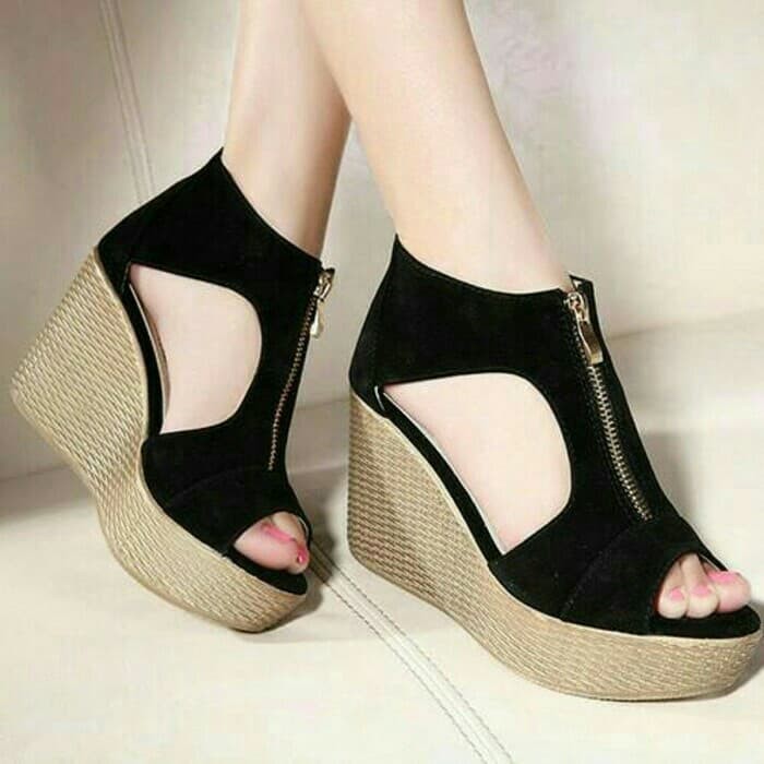 Emory Winerly 77Emo2082 Original Brand Sepatu Wedges Wanita Mode DM446  Resleting 05B Hitam