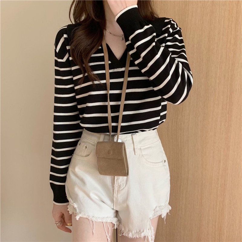 Sweater Polo Wanita Kaos Rajut Korean Retro Style Knit Striped T-shirt