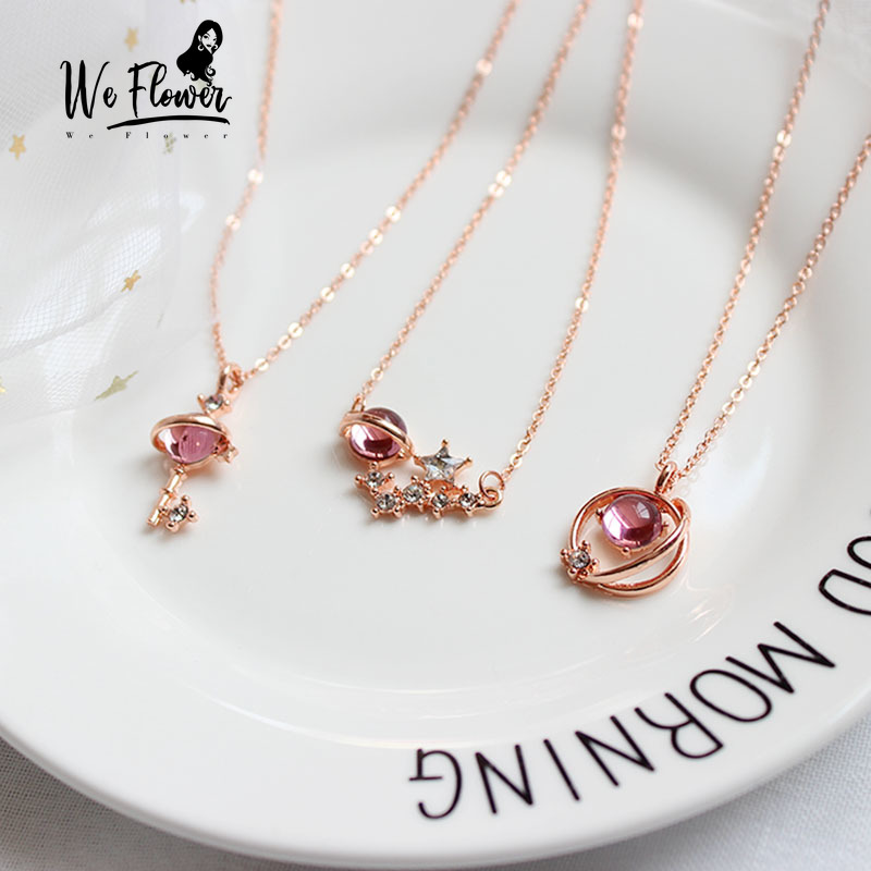 We Flower Kalung Liontin Kunci Bintang Kristal Pink Emas Gaya Vintage Untuk Wanita