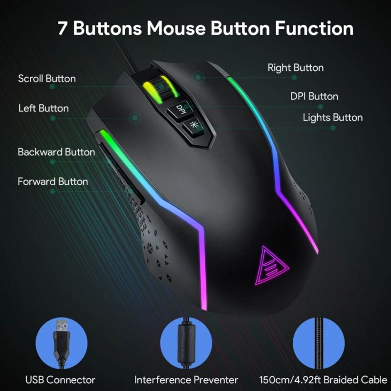 EKSA EM100 RGB Gaming Mouse Gamer USB Wired Gaming Mice 8000 DPI with 6 Color Backlight 7 Programmable Buttons for PC laptop