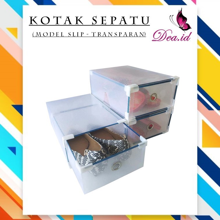 [DEASTORE] KOTAK SEPATU SLIDE - WARNA LIST METAL RING SUDUT - PLASTIK TRANSPARANT SHOE BOX