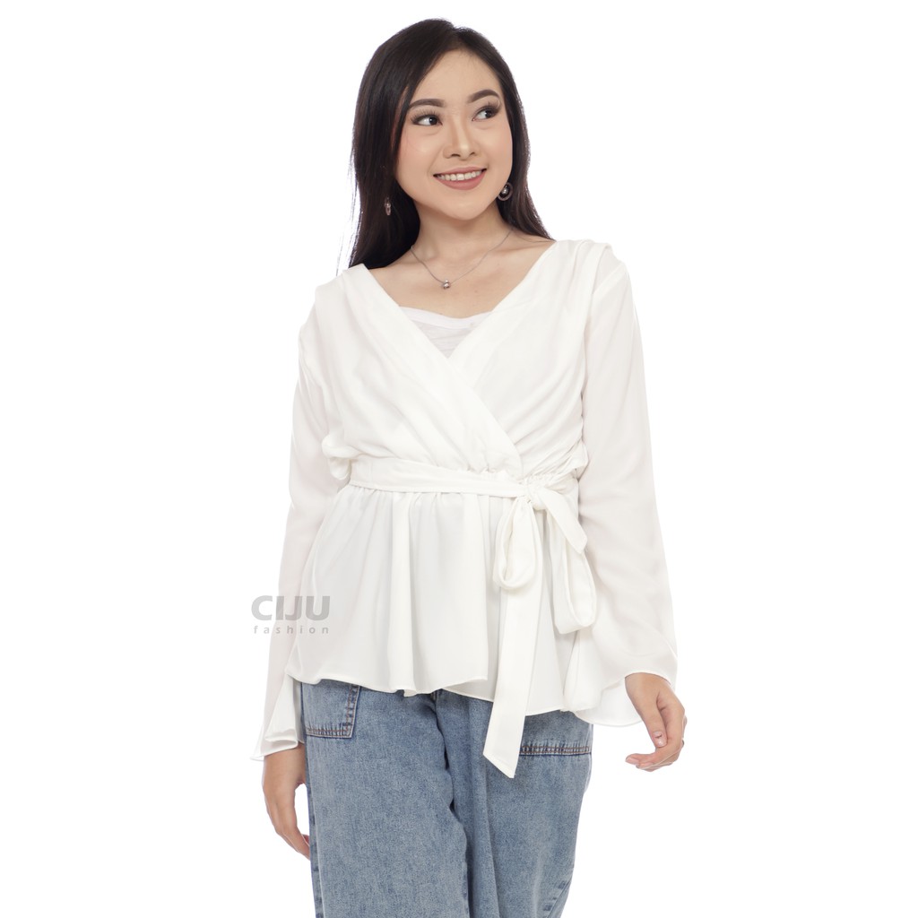 Yui Kimono Top - Atasan Blouse Wanita Low V-Neck Lengan Panjang