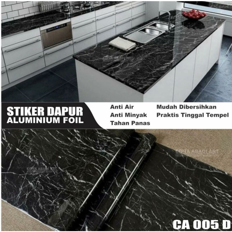 stiker meja dapur motif marmer hitam glossy tebal antiair dan minyak