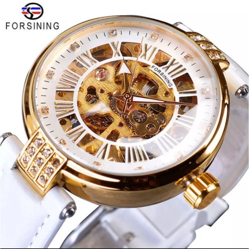 Jam Tangan Wanita Automatic Original Luxury Golden Diamond Series Forsining Strap Kulit