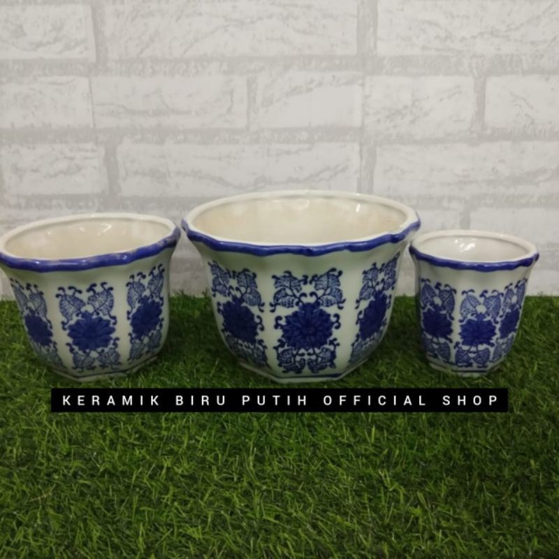 Pot Bunga Keramik Biru putih 1set3/ Vas Bunga Keramik Import