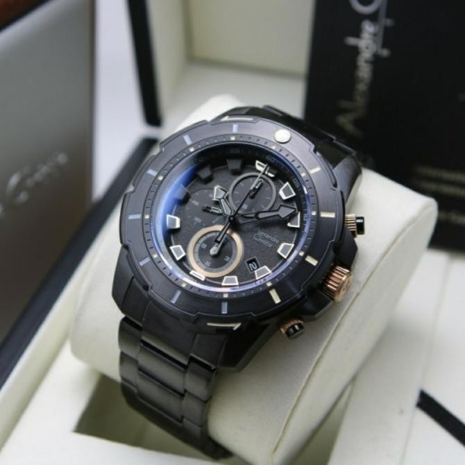 Jam Tangan Pria Alexandre Christie AC 6606 AC6606 Black List RoseGold Rantai Original