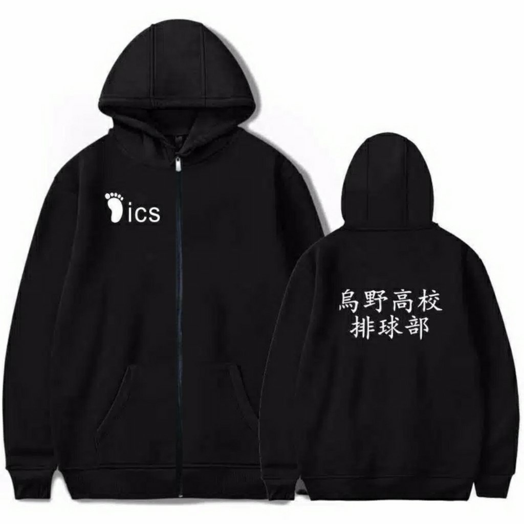 Sweater Anime HAIKYUU Hoodie ICS Crewneck Basic Ziper Jumper Hitam Pria Wanita Bahan Fleece Ukuran S M L XL XXL XXXL