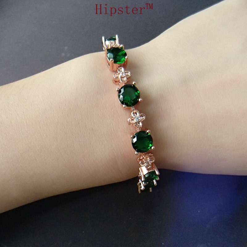 Green Tourmaline Gemstone Ring Lucky Four-Leaf Clover Bracelet Emerald Necklace European and American Vintage Earrings Jewelry Set