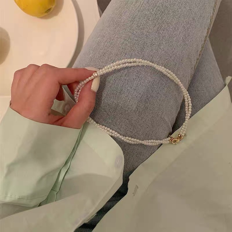 Kalung Choker Rantai Klavikula Lapisan Ganda Aksen Mutiara Gaya Perancis Untuk Wanita