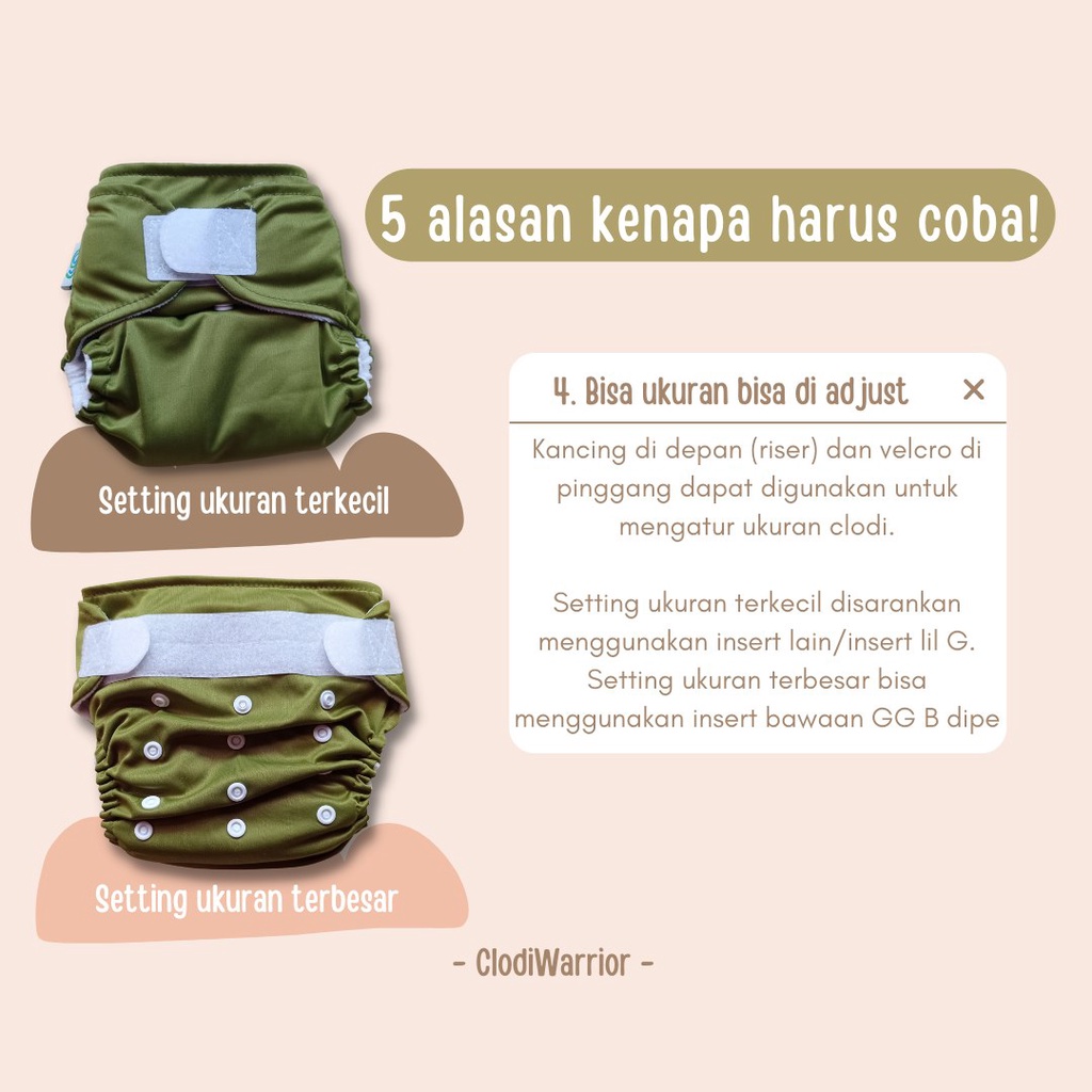 GG B DIPE Clodi Allsize type Pocket Inner Gusset Cegah Bocor Samping Popok kain Bayi Cuci Ulang BB 3-15 kg