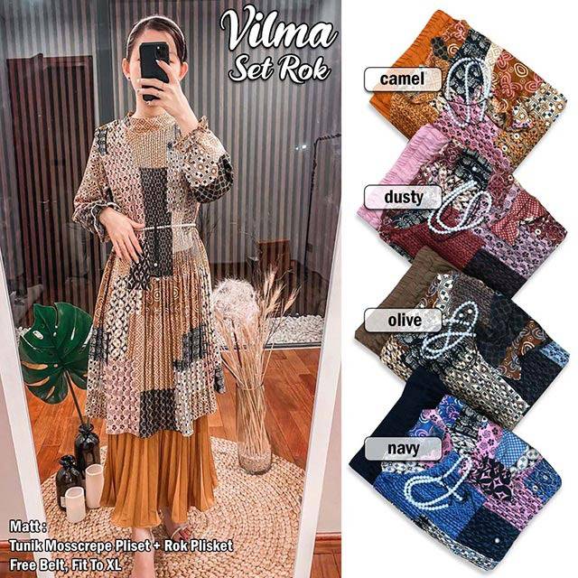 VILMA SET ROK, Matt Tunik Mosscrepe Plisket + Rok Plisket, Free Belt