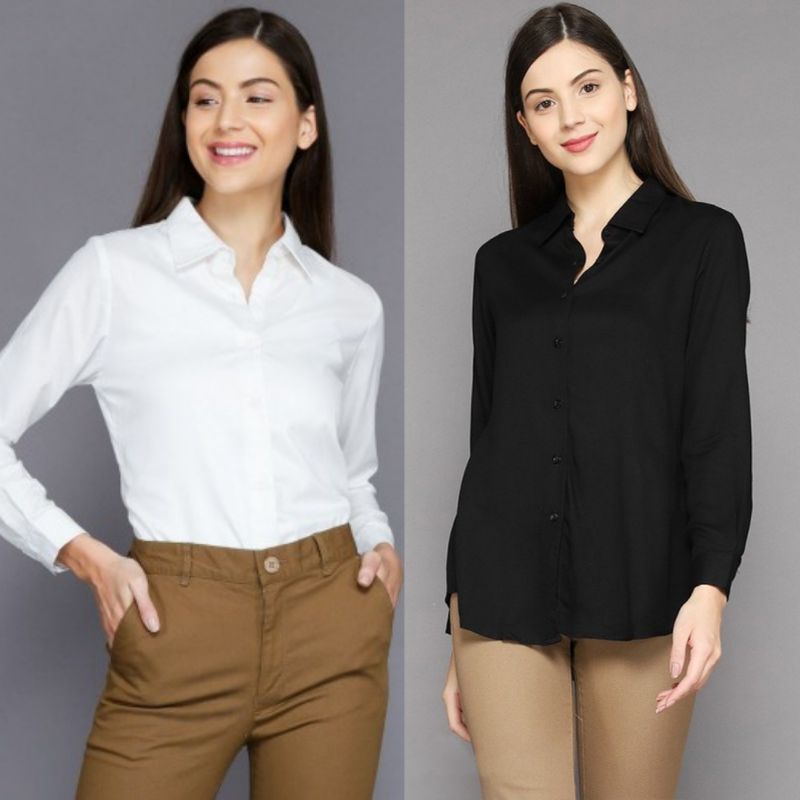 KEMEJA WANITA KATUN RAYON TWILL 30s  PUTIH HITAM