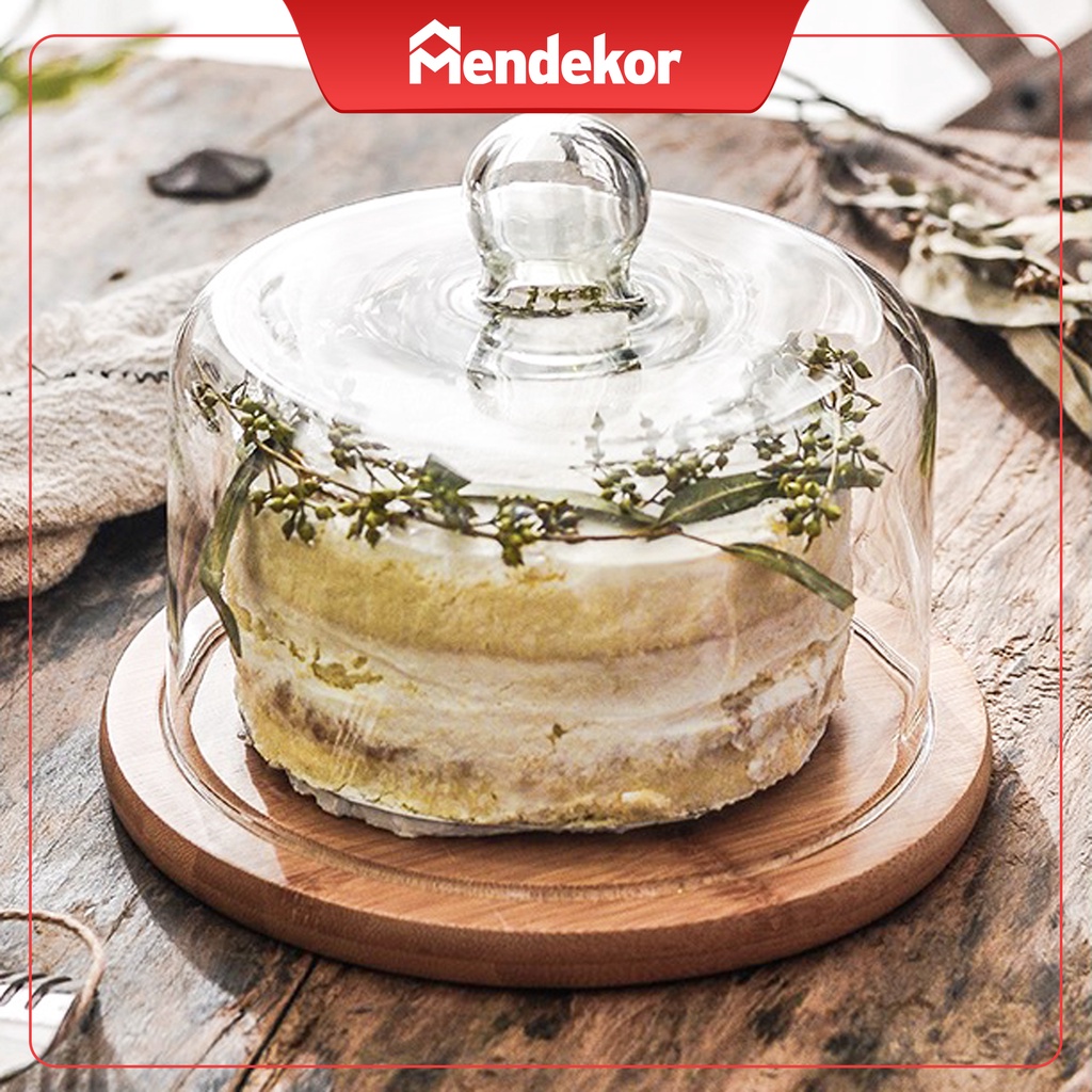 Cake stand dome kaca kayu wooden besar large baking plate glass | MENDEKOR Gijah