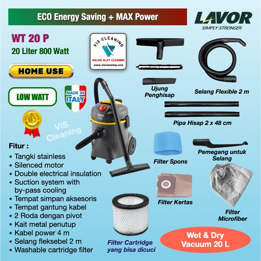 Vacuum Cleaner 20 L Low Watt High Power - Lavor WT 20 P (Plastic Body)