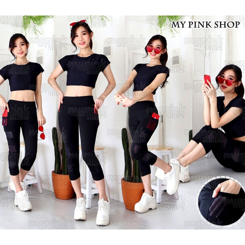 Legging Senam Jaring Mesh Kotak Kantong Samping 702 7/8 / Legging Senam Jaring Import